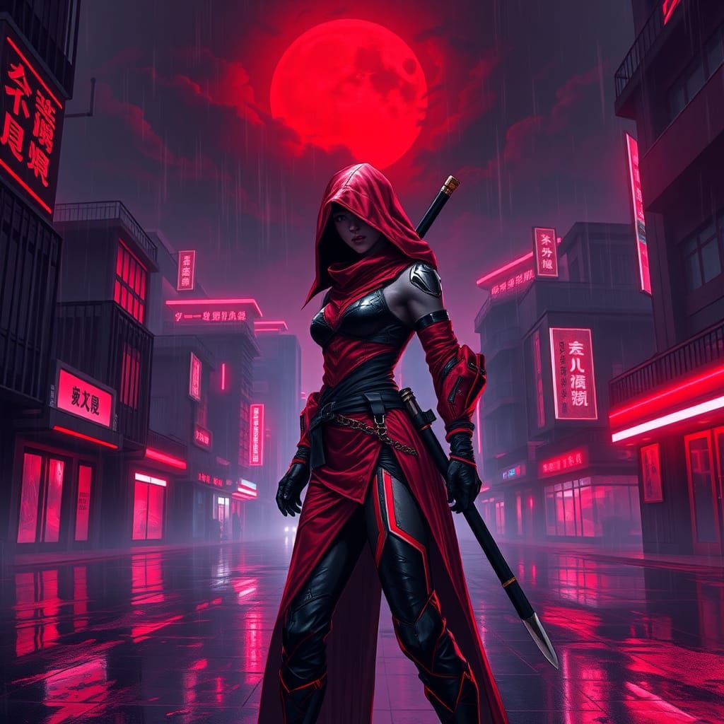 a female assassin ninja in red and black ninja outfit