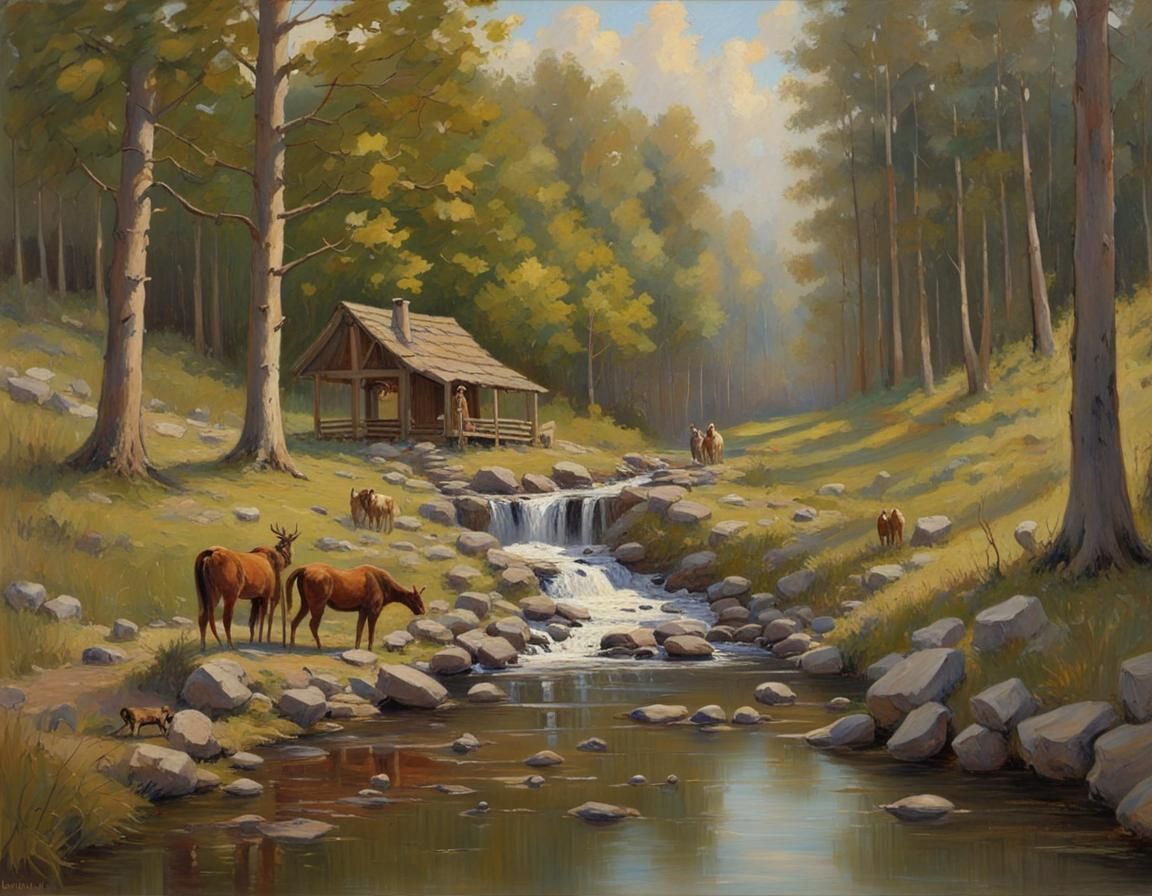 Idyllic Lodge in Woods: Oil Painting
