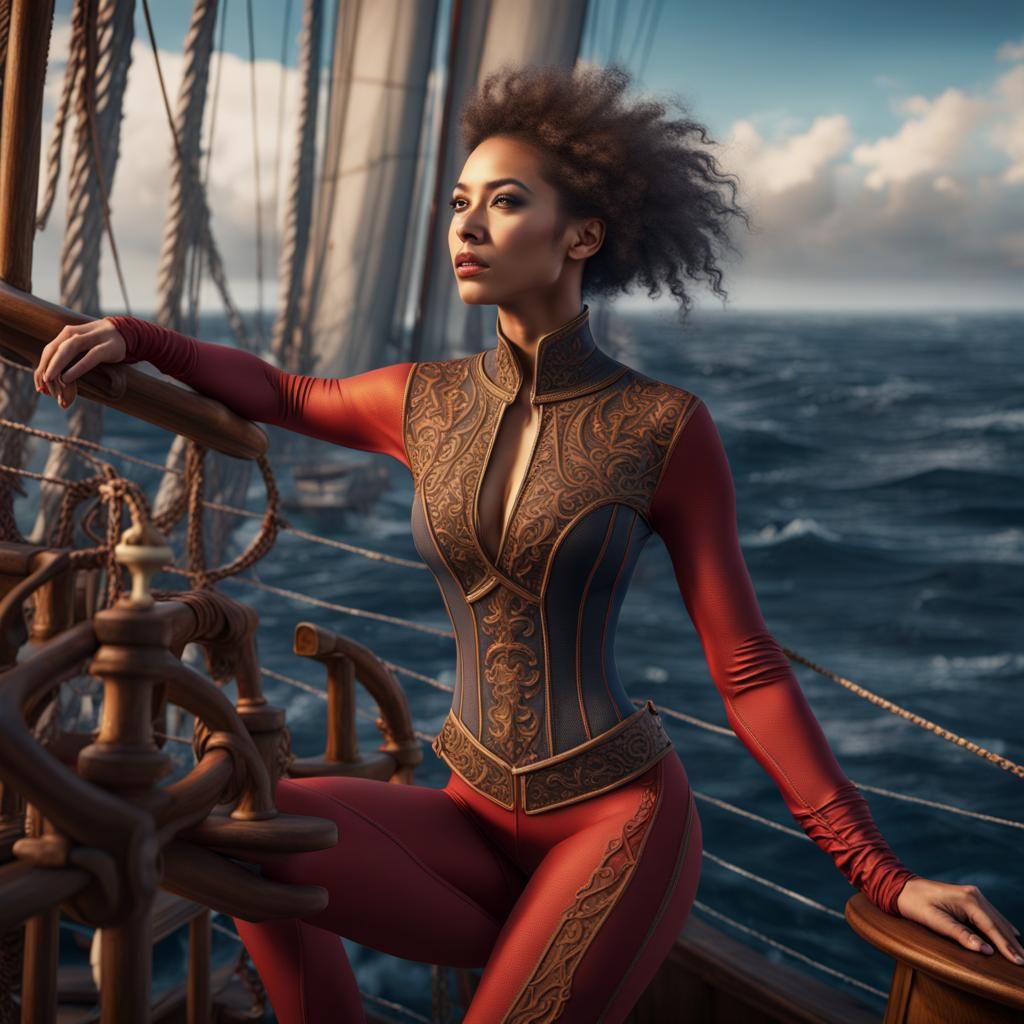 Spandex Woman on Sailing Ship: Detailed Matte Painting