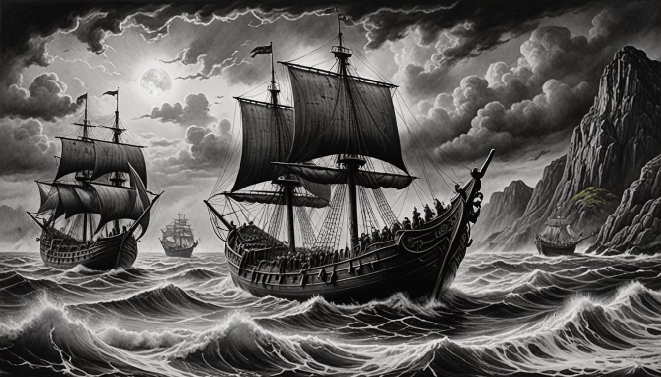 Viking Seafarers in Hyperdetailed Charcoal