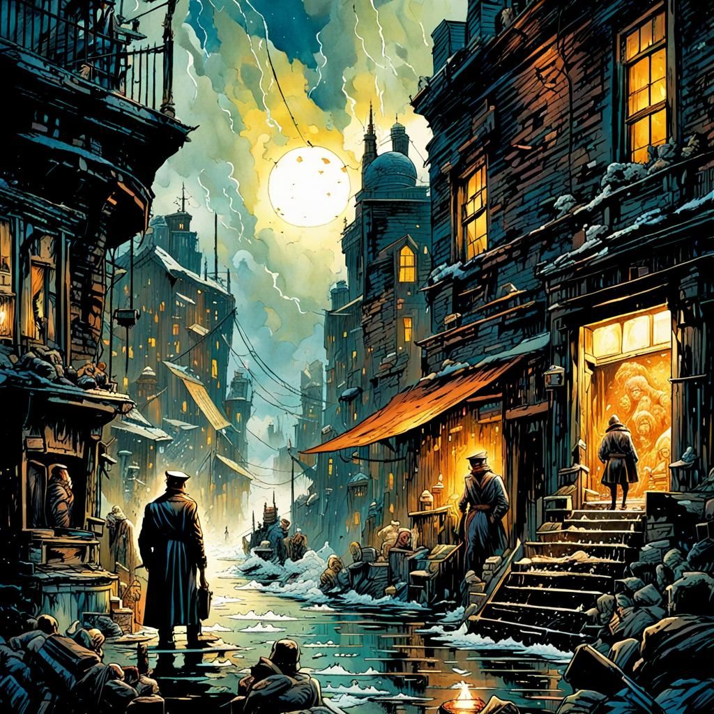 Characters in Stormy Weather as Watercolor Comic