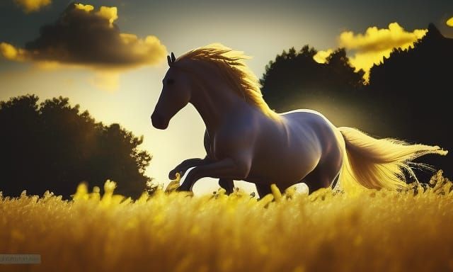 White Horse Running Through Golden Landscape