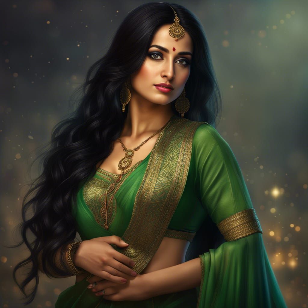 Beautiful Punjabi Woman in Green Saree: Realistic Photo