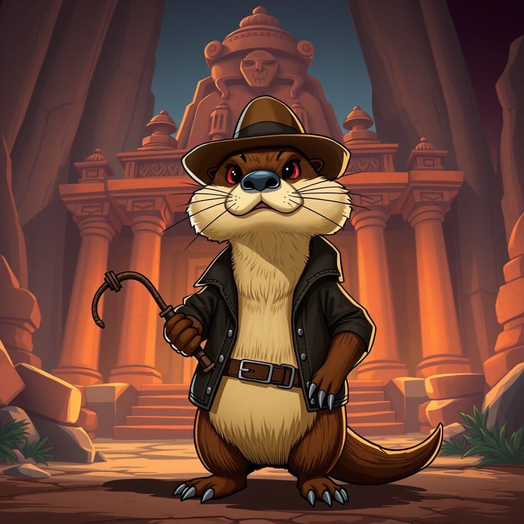 Cartoon Otter Adventurer at Ancient Temple