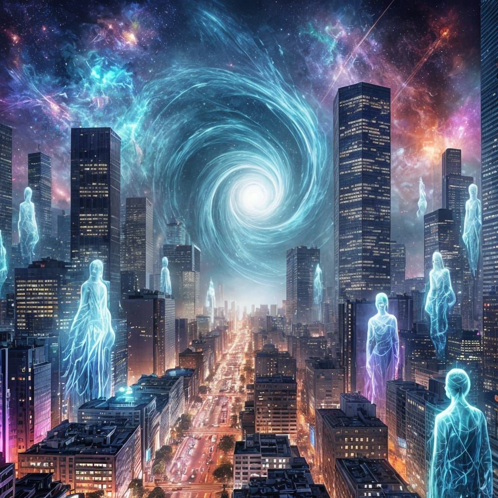 Twilight Cityscape with Ethereal Visitors