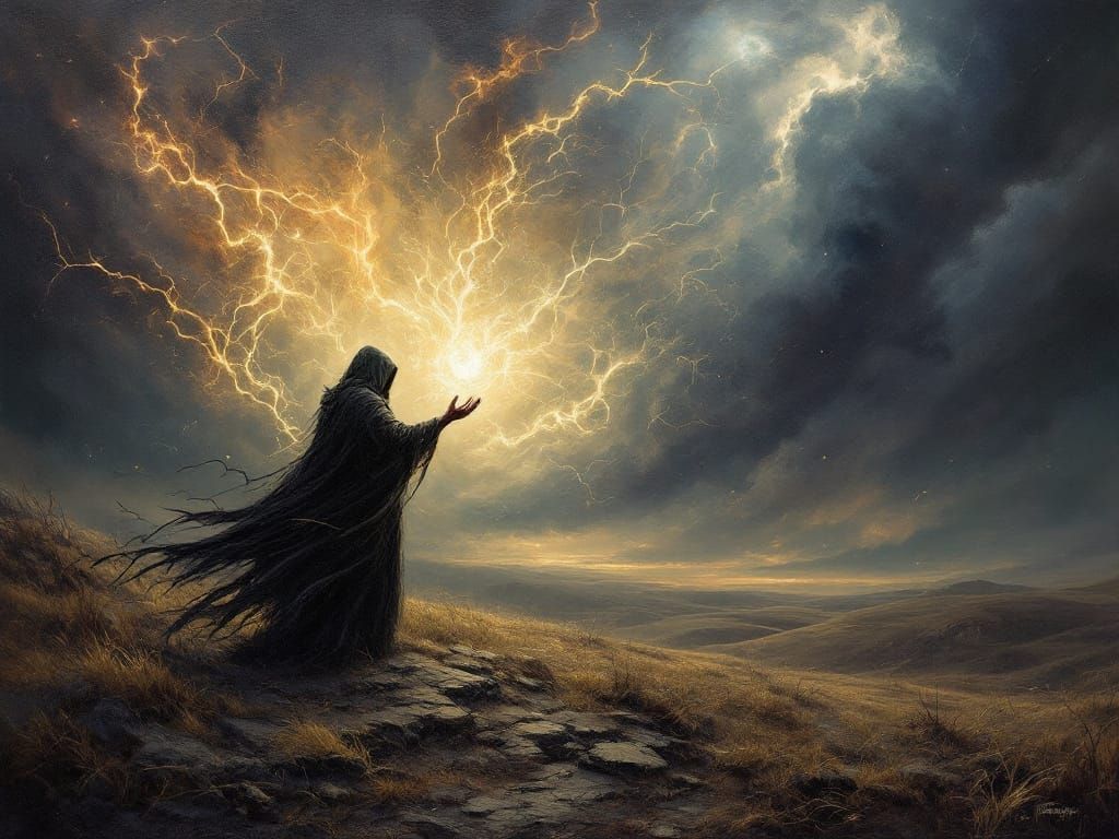 Dark Magic Ritual on Windswept Moor, Impasto Oil Painting