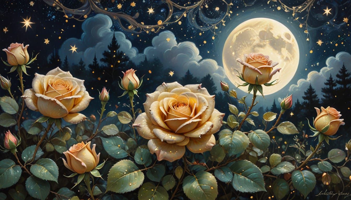 Gilded Roses under a Starry Night, Whimsical Oil Painting