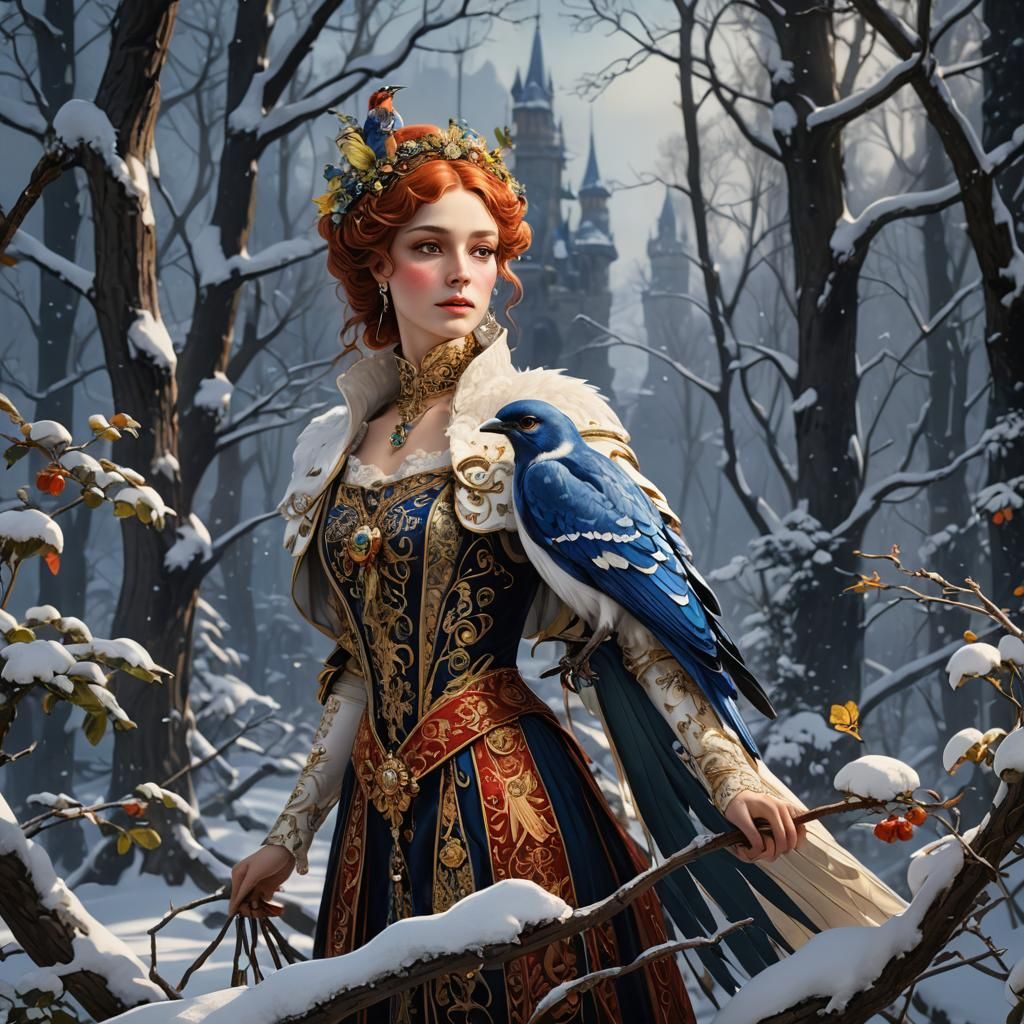 Fairy Tale Snowbird Portrait in Detailed Matte Style