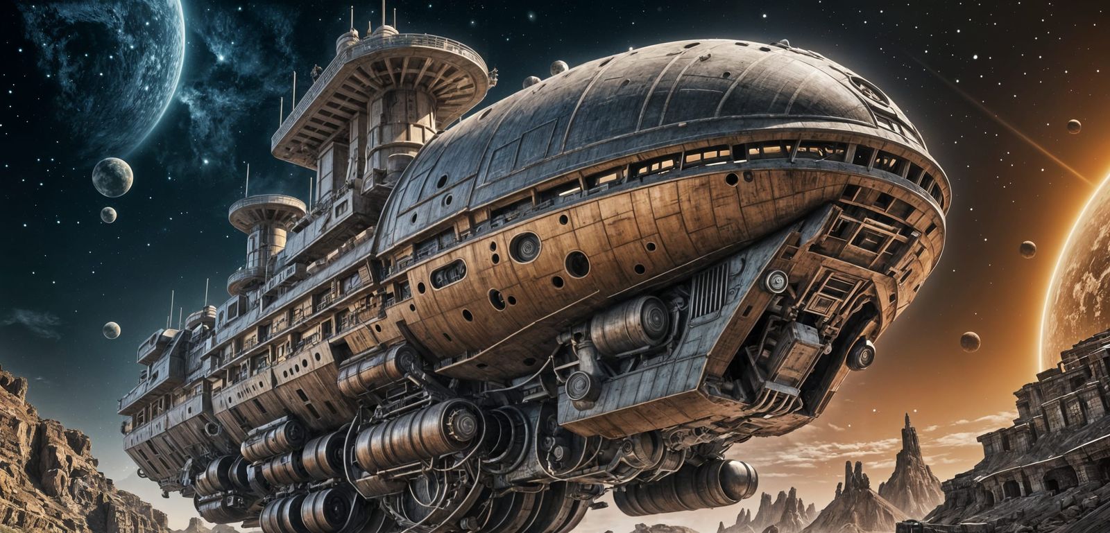 Retro Alien Spaceship Orbiting Mars as Matte Painting