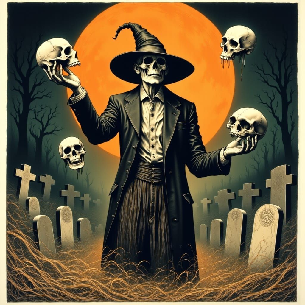 Edward Gorey-Inspired Skelly Levitates Amidst Graveyard Horr...