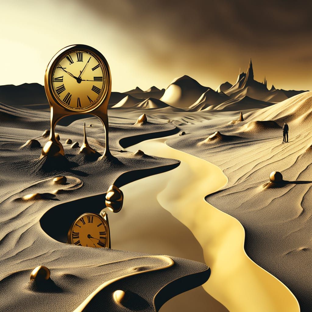 Surreal Desert Landscape with Melting Clocks