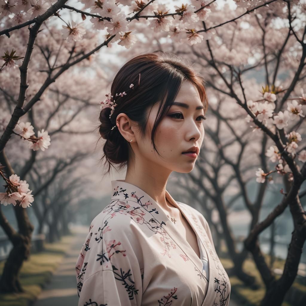 Monochrome Japanese Model Portrait with Cherry Blossoms
