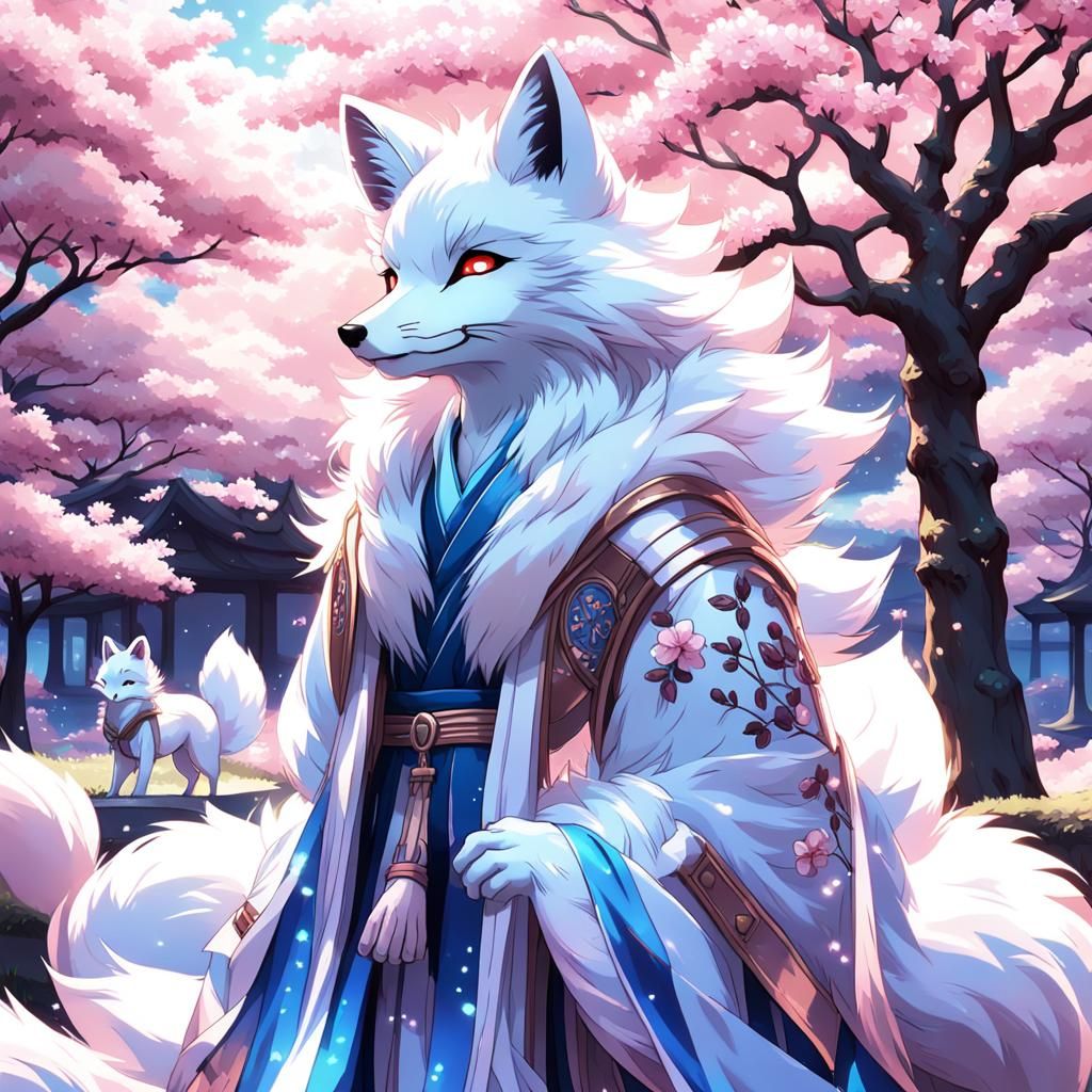 Nine-Tailed Fox in Cherry Blossom Park: 3D Anime Art