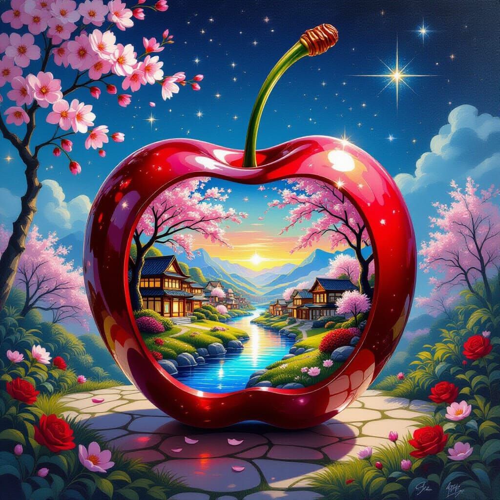 Miniature Village Inside Cherry, Oil Glazing Technique