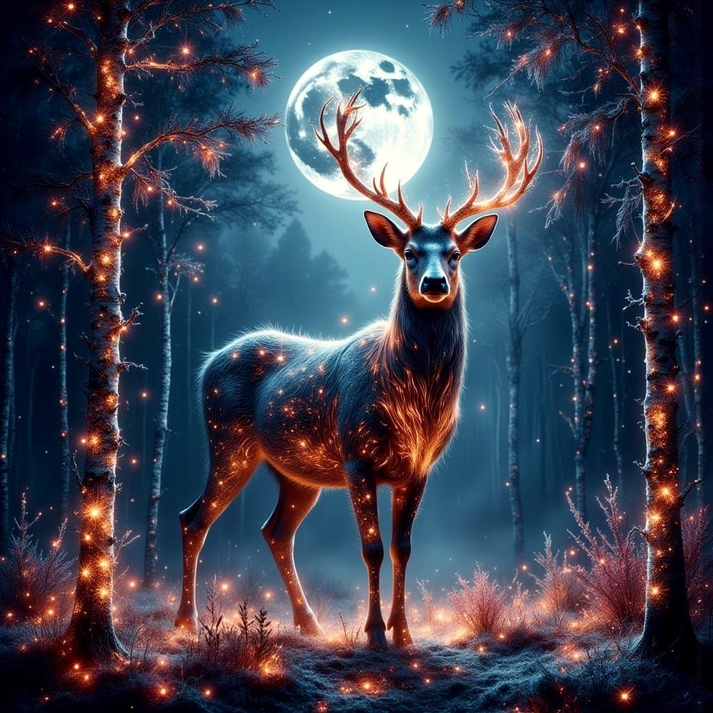 Stag with Starlight Antlers in Moonlit Forest