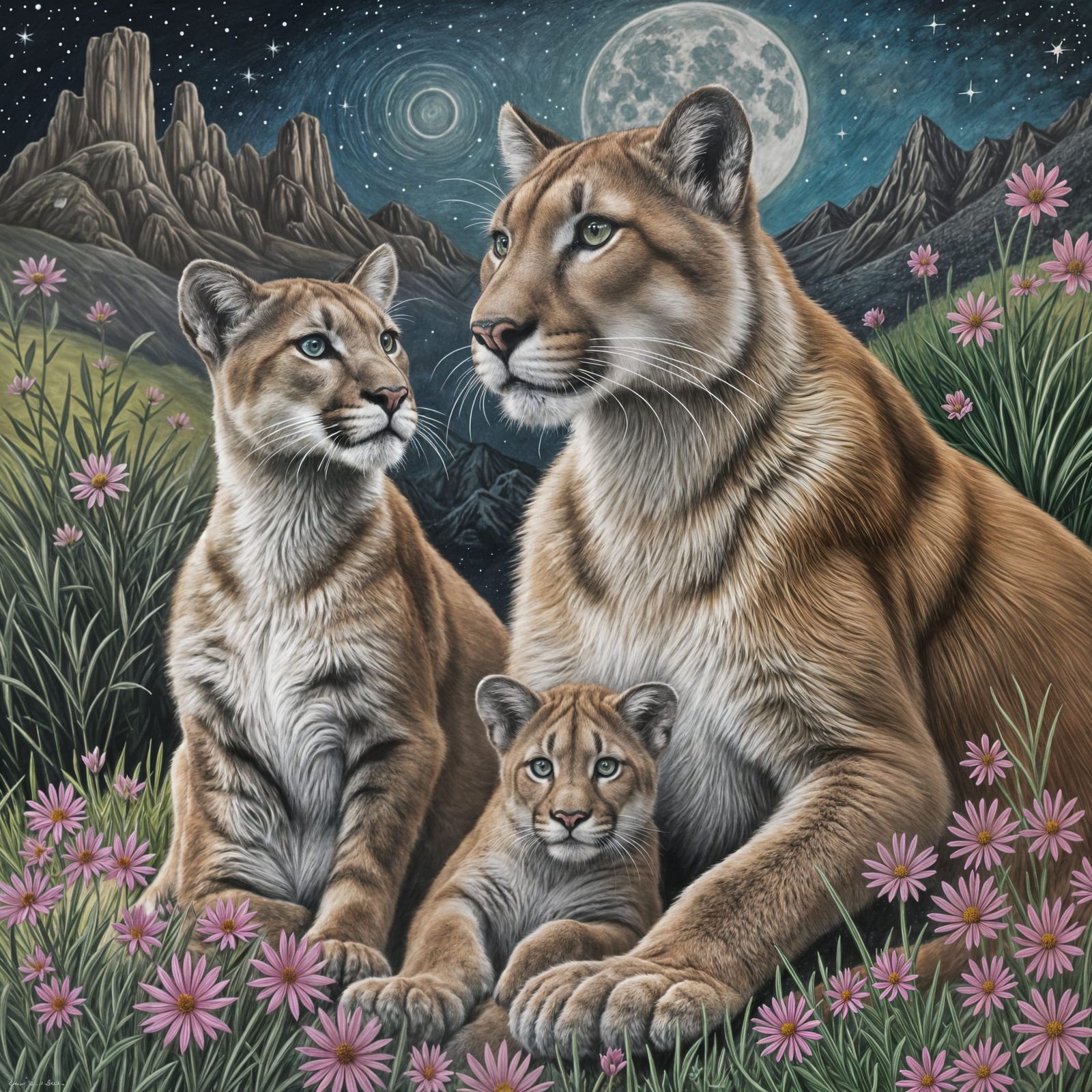 Mountain Lion Family in Charcoal Drawing