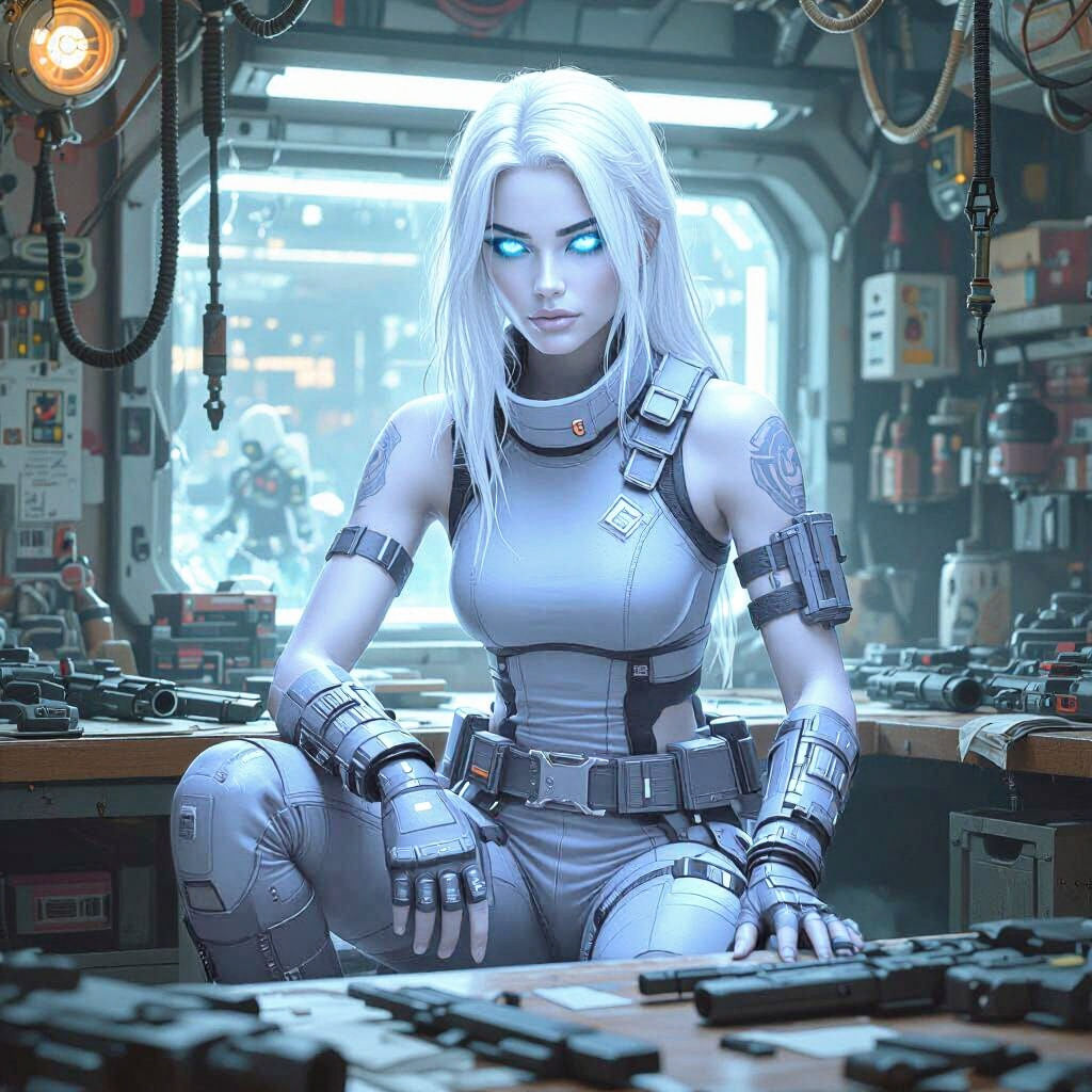 Futuristic Gray-Skinned Woman Working on Weapon