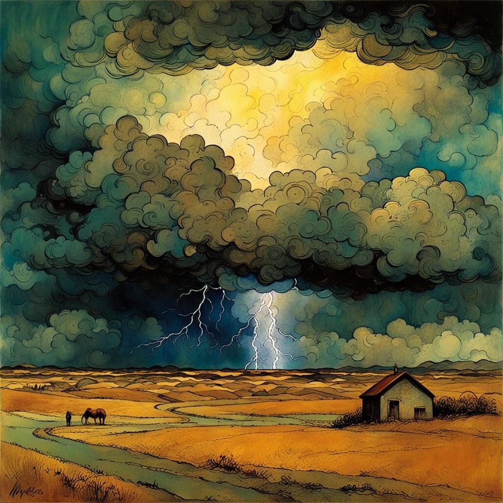 Stormy Countryside Landscape in Alcohol Ink Style