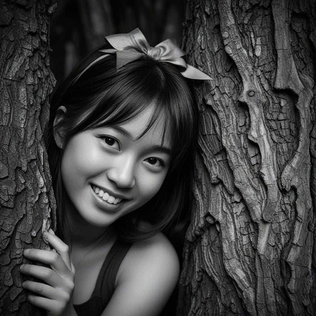 Gentle Asian Girl Peeks from Behind Ancient Tree in Charcoal...