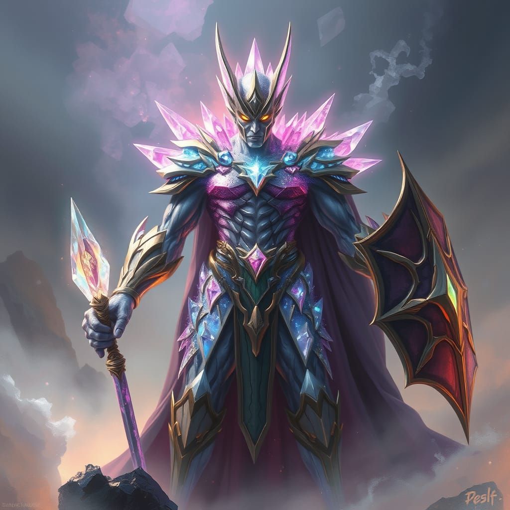 Crystal Supervillain in a Luminous Fantasy Landscape