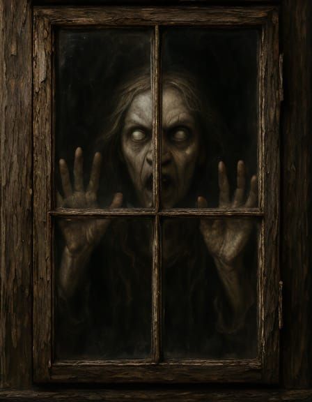 Rotten Cottage Window Reveals Ghastly Moira, Oil Painting