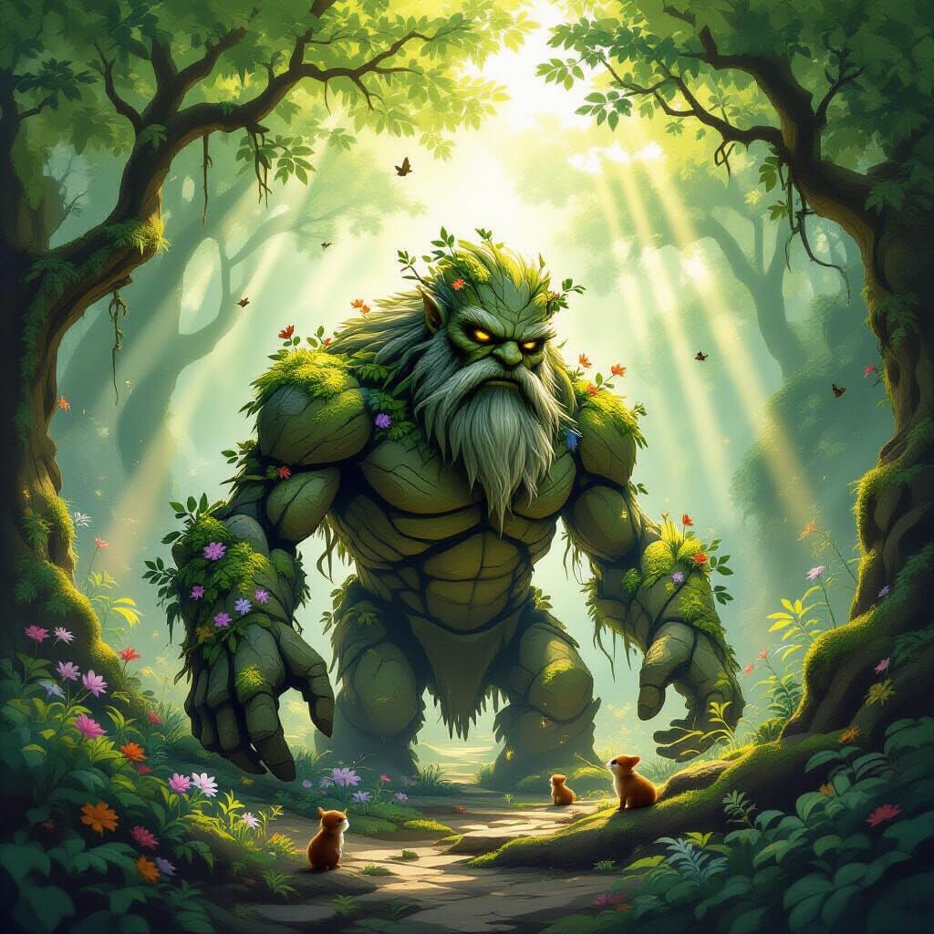 Mossy Stone Golem Awakens in Enchanted Forest