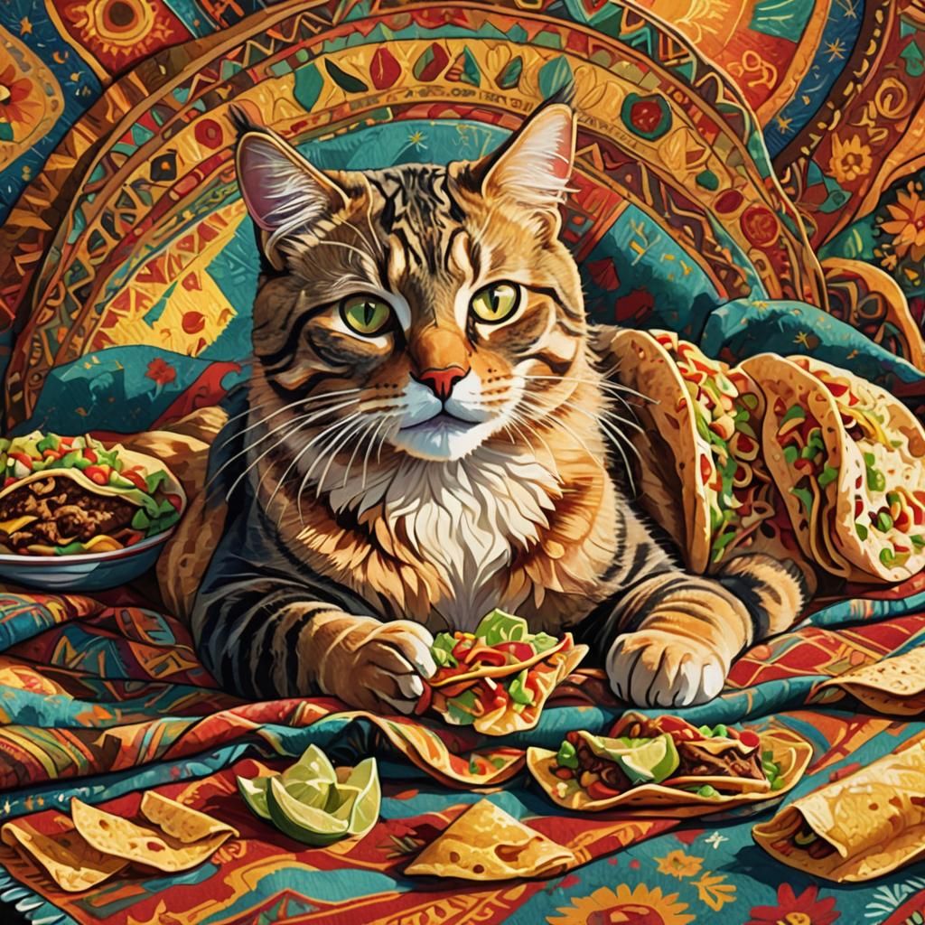 Cat's Taco Feast: A Whimsical Van Gogh Illustration