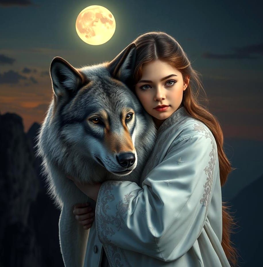 Girl and Wolf Cliffside Portrait in Art Nouveau Style