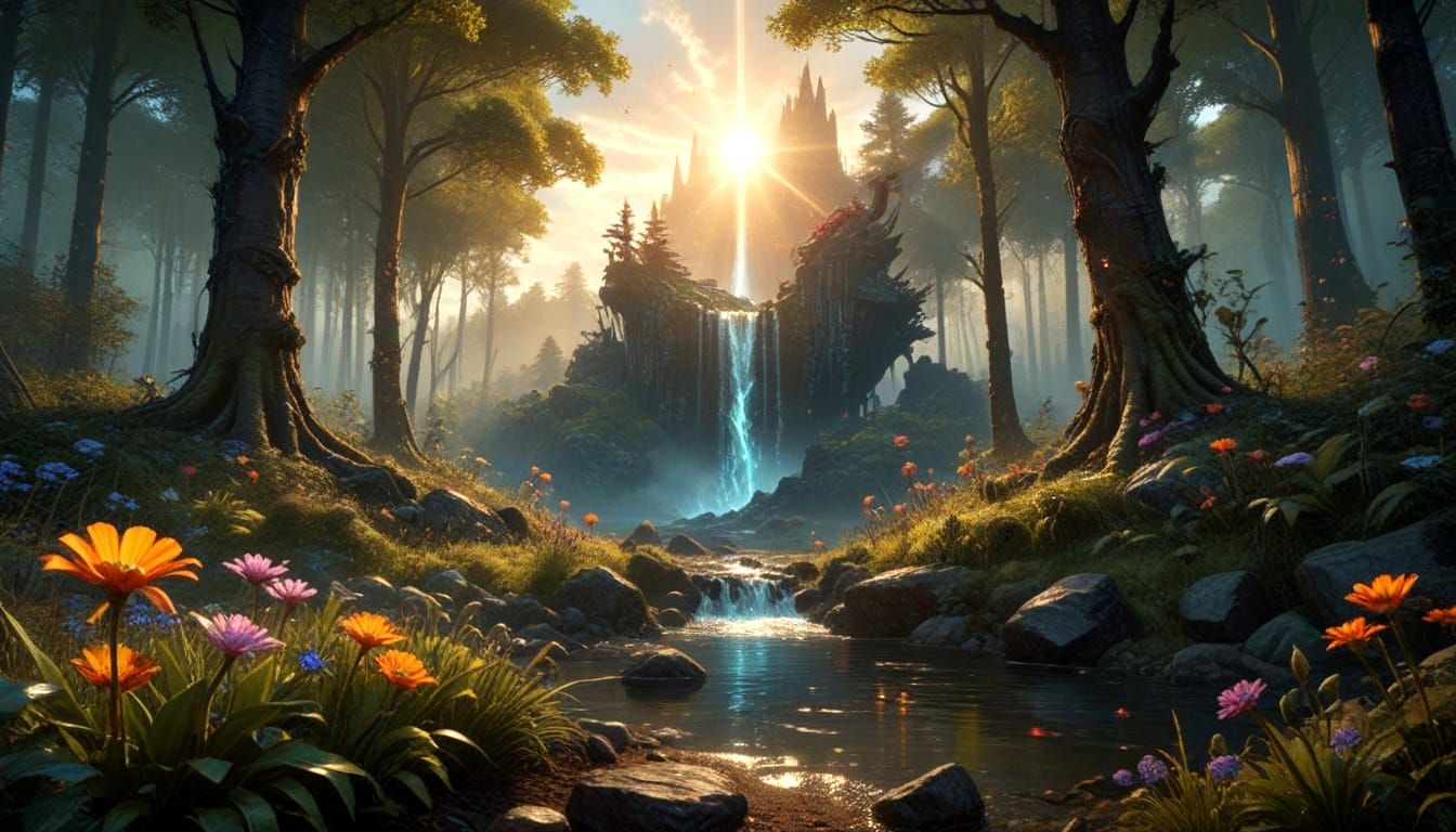 Ethereal Sunset in a Vibrant Forest Wonderland