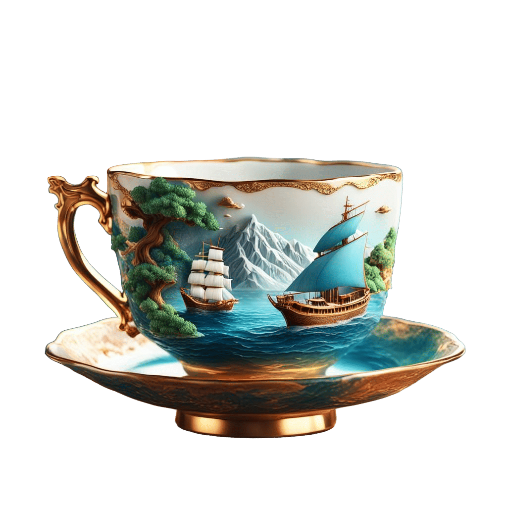 Hyperrealistic 3D Teacup Scene with Sailing Ships