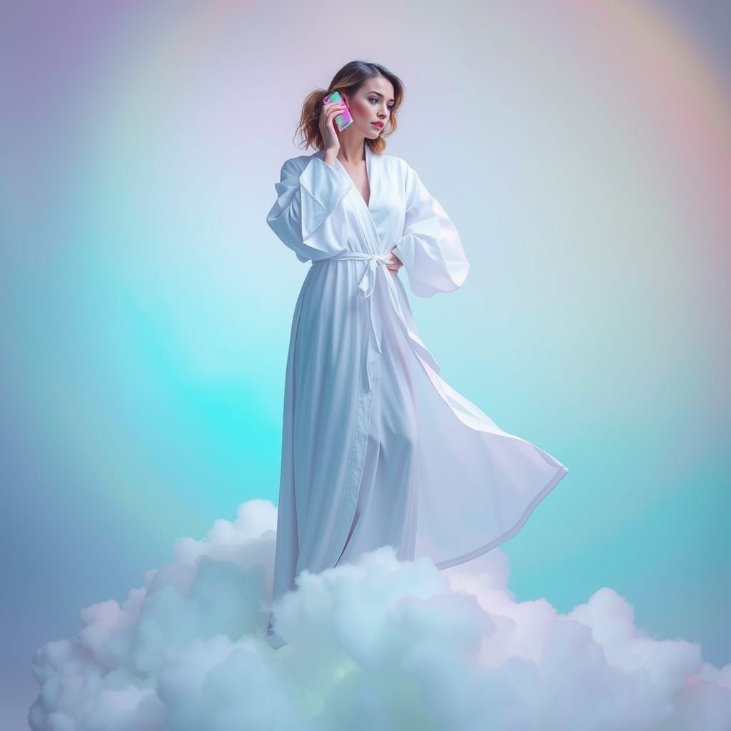 Ethereal Woman Communicates on Iridescent Cell Phone