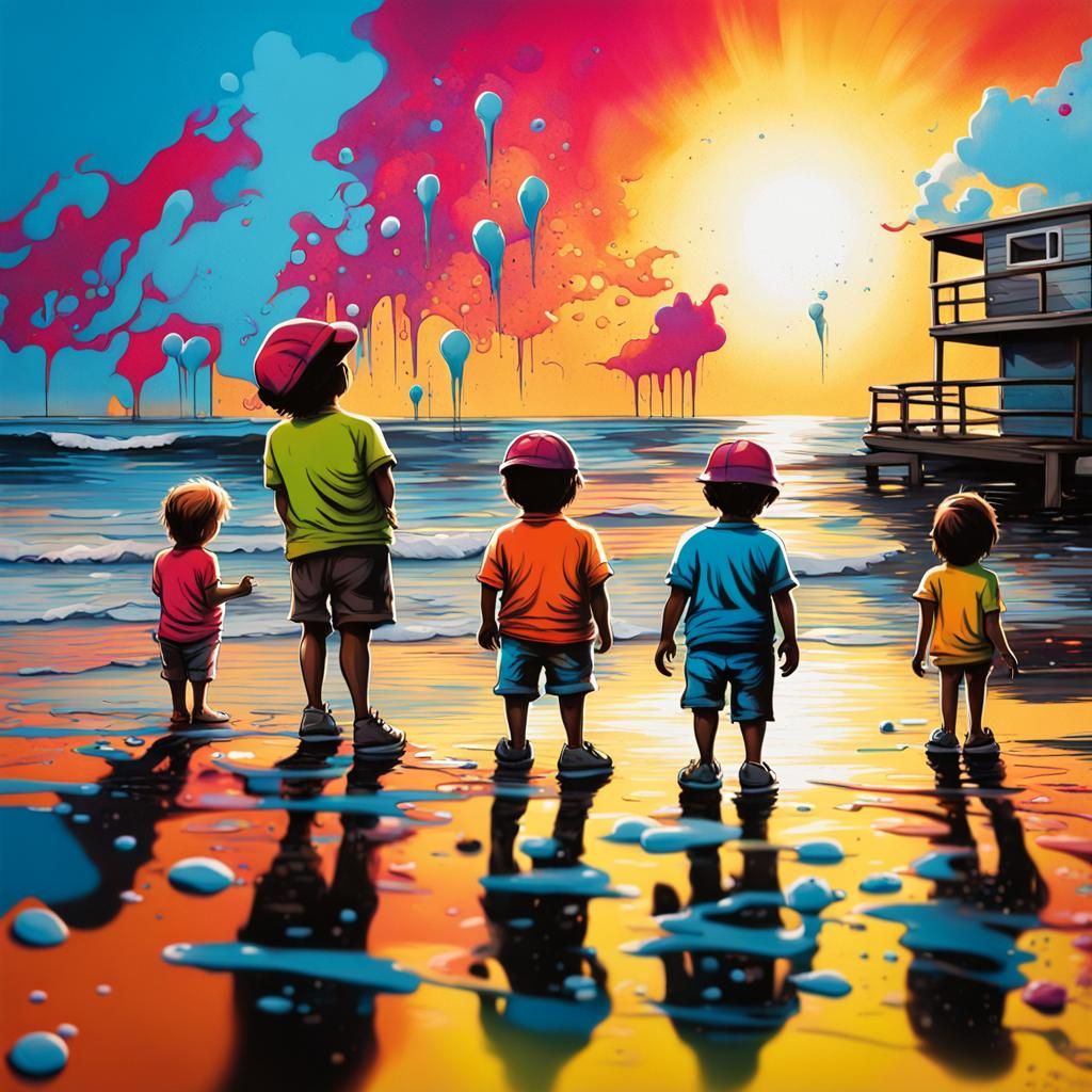 Colorful Sunrise Beach Scene in Graffiti Art Style