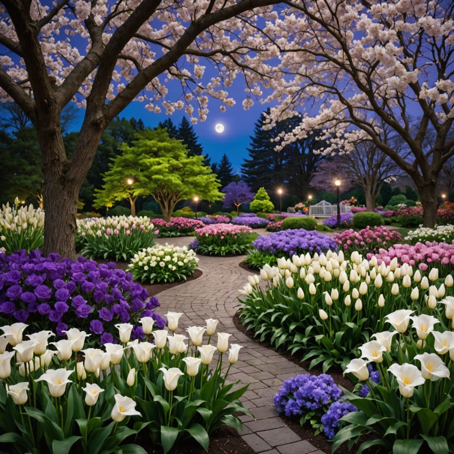 Garden Illuminated by Moonlight in a Romantic Floral Aesthet...
