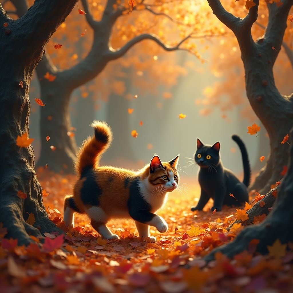 Calico Cat in Mystical Autumn Forest, Fantasy Art