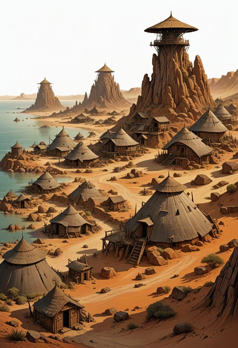 Fantasy Village on Rocky Coast in Vivid Illustration