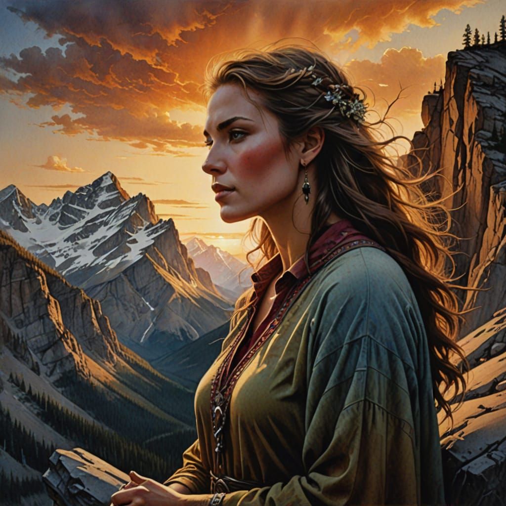 Young Woman at Sunset in Watercolor Papertol Style