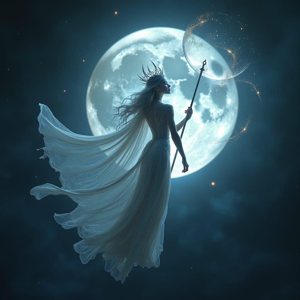 Ethereal Moon Queen in Liquid Silver Gown, Adorned with Cele...