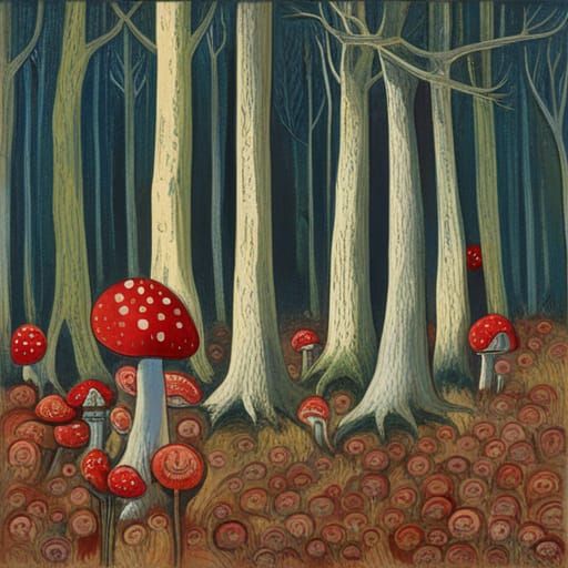 Twilight Forest Scene with Elves and Wizard