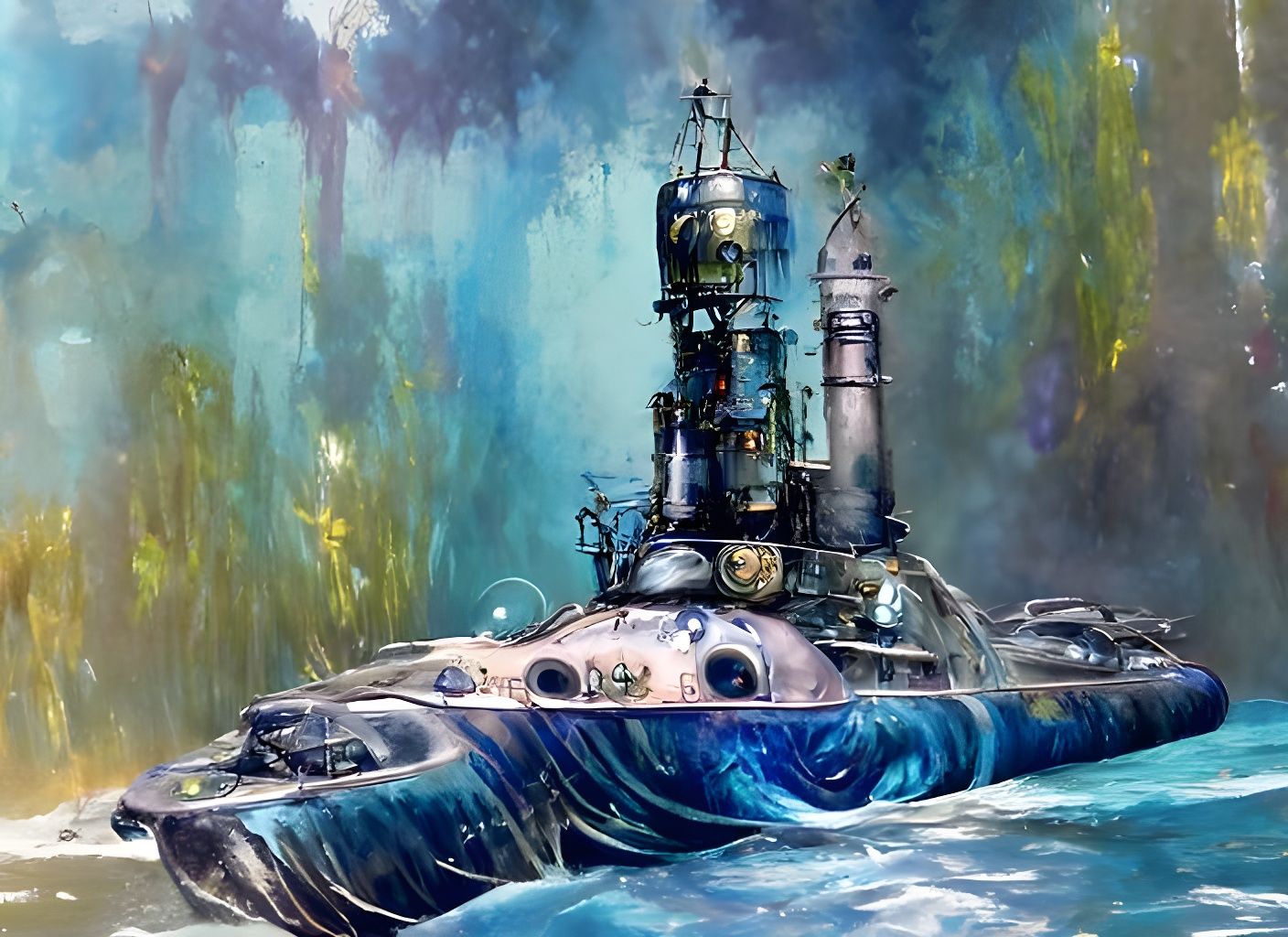 Colorful German Submarine in Psychedelic Underwater Art