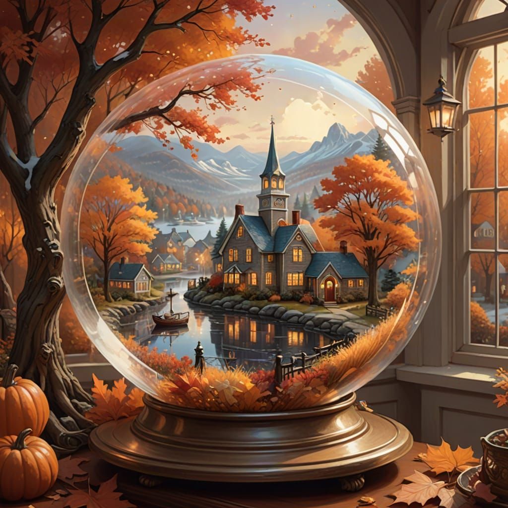 New England Autumn Village in Ethereal Mist Snow Globe