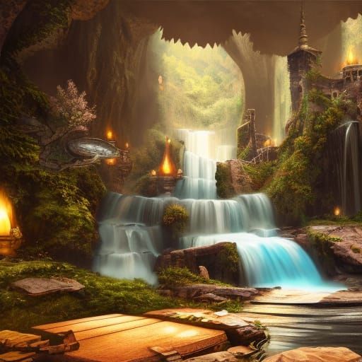 Cozy Living Room with Waterfall: Fantasy Concept Art
