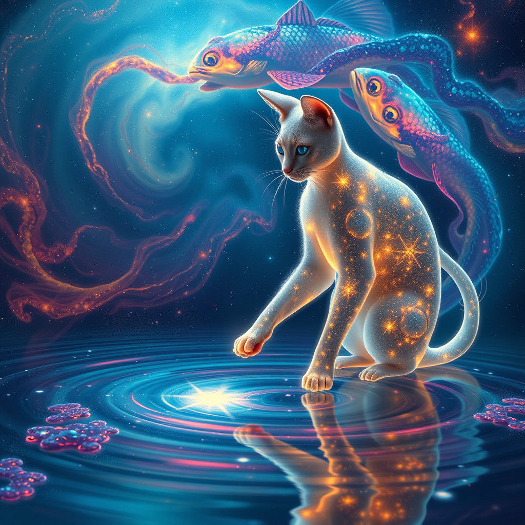 Celestial Cat Reaches for Starry Fish in Nebula