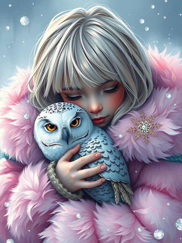 Girl with Snow Owl in Dreamlike Digital Art