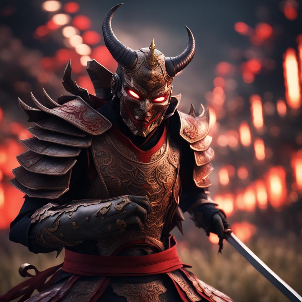 Samurai Warrior Ready for Battle with Devil Mask