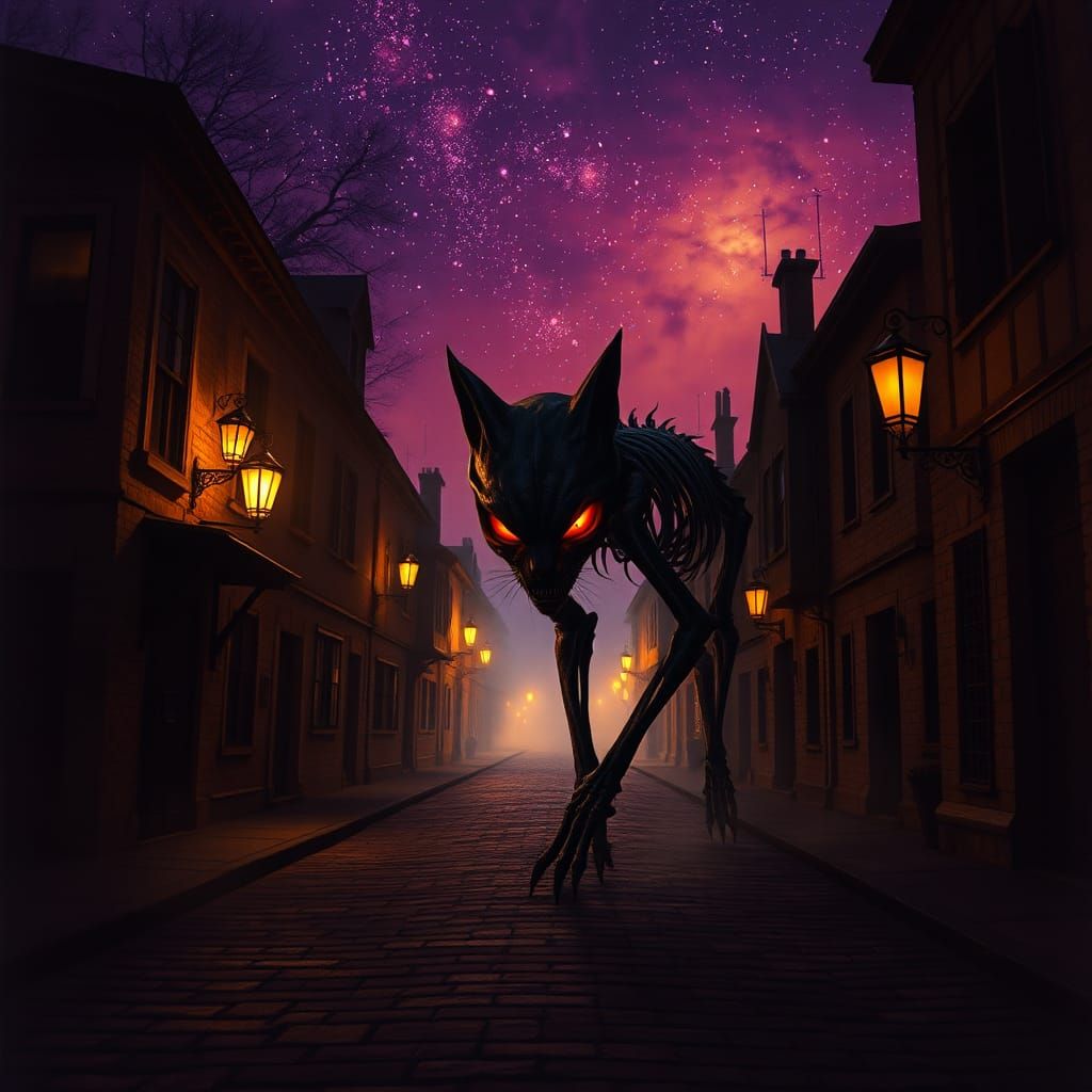 Terrifying Cat Prowls Cobblestone Street at Night