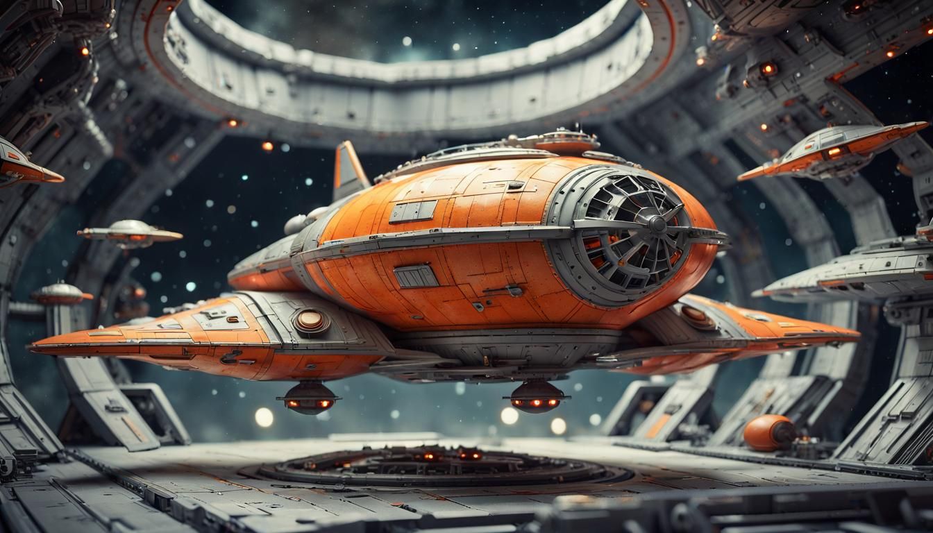 Retro Sci-Fi Starship Carrier in Space Diorama