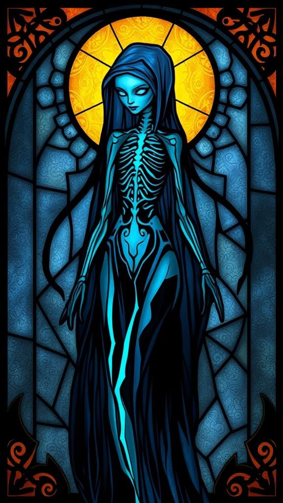 Glowing Slenderwoman Creature in Vibrant Stained Glass