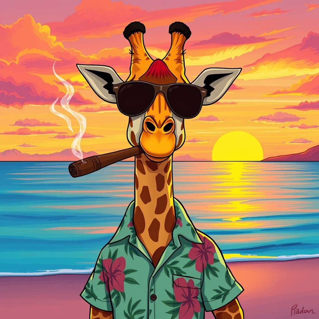 Whimsical Giraffe Savoring Sunset on the Beach