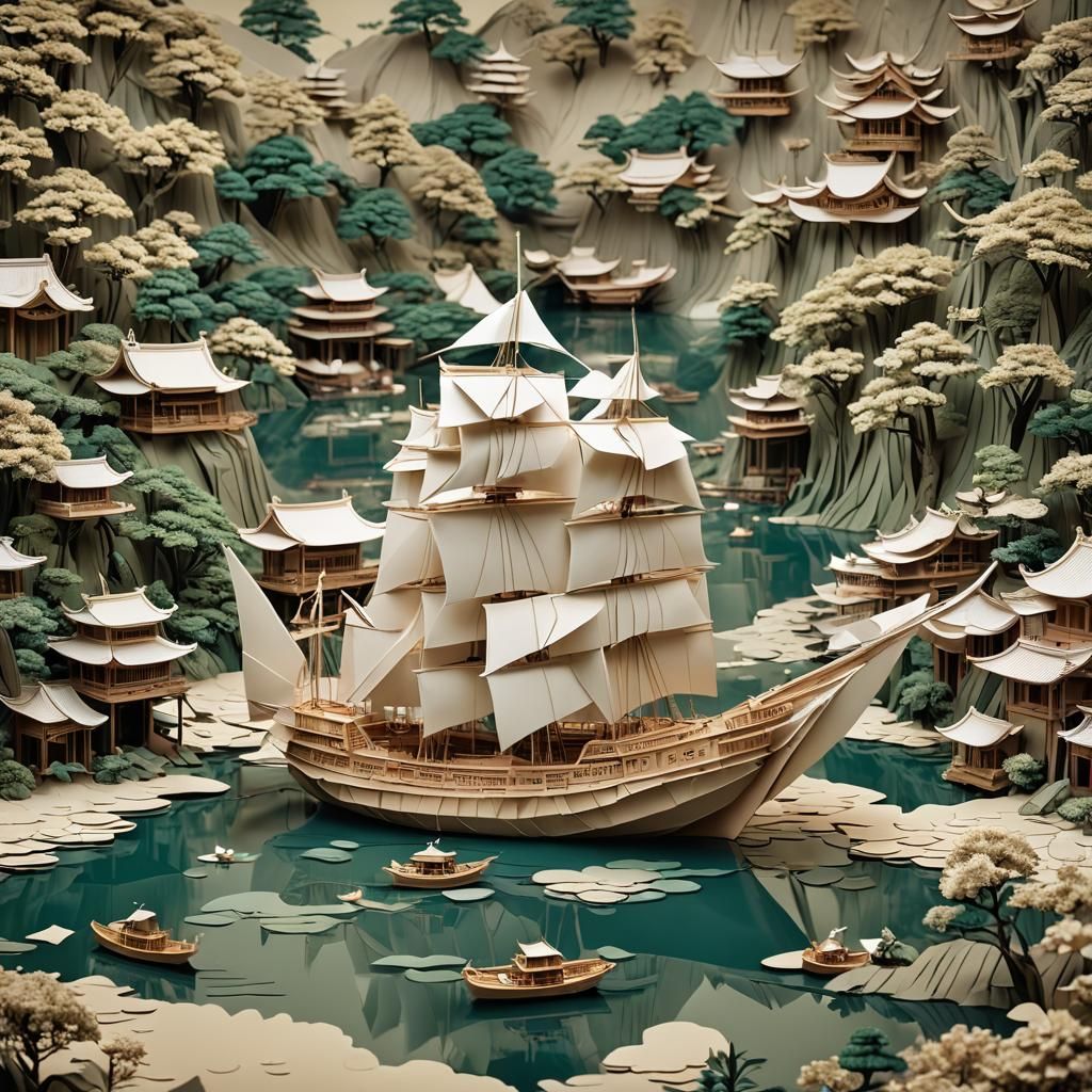 Origami Ship on Lake: Edo Papercraft