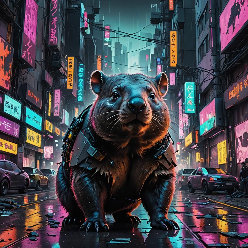Cyberpunk Wombat in Gothic Glitch Cityscape